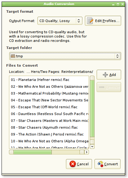 Screenshot of conversion settings view